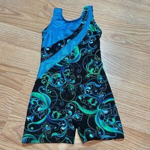 Basic Moves Girls Floral Sparkle Gymnastics Biketard Blue Green 2/3